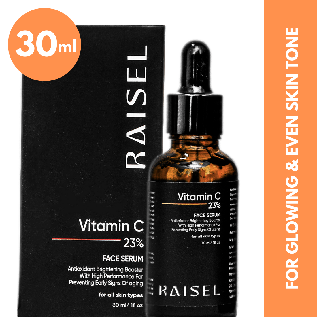 RAISEL Vitamin C 23% Face Serum For All Skin Type 30ml- Reduces Dark Spots & Pigmentation, Dermatologically Tested, Protect From Free Radical Damage, Lightweight & Quick-Absorbing