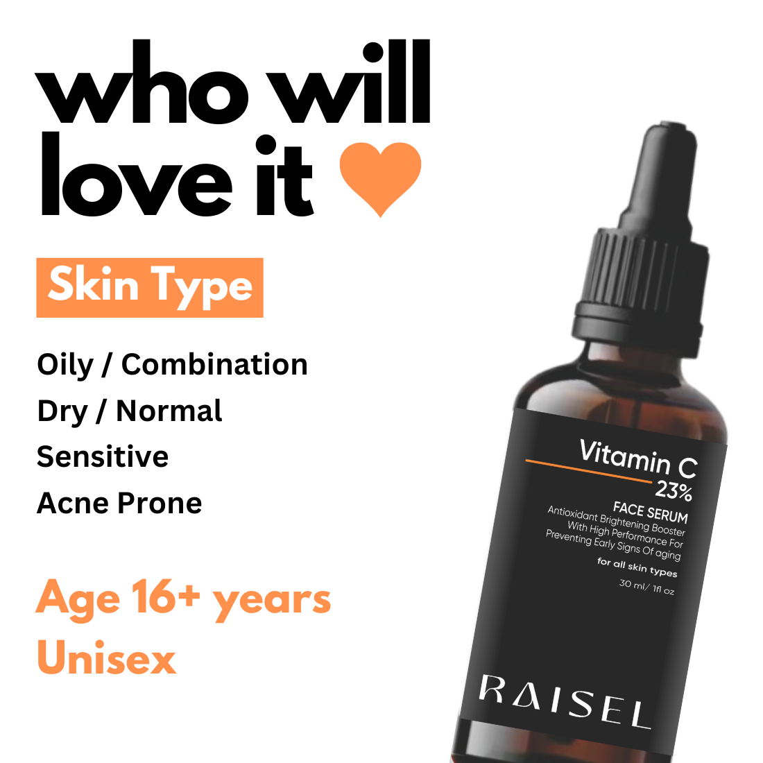 RAISEL Vitamin C 23% Face Serum For All Skin Type 30ml- Reduces Dark Spots & Pigmentation, Dermatologically Tested, Protect From Free Radical Damage, Lightweight & Quick-Absorbing