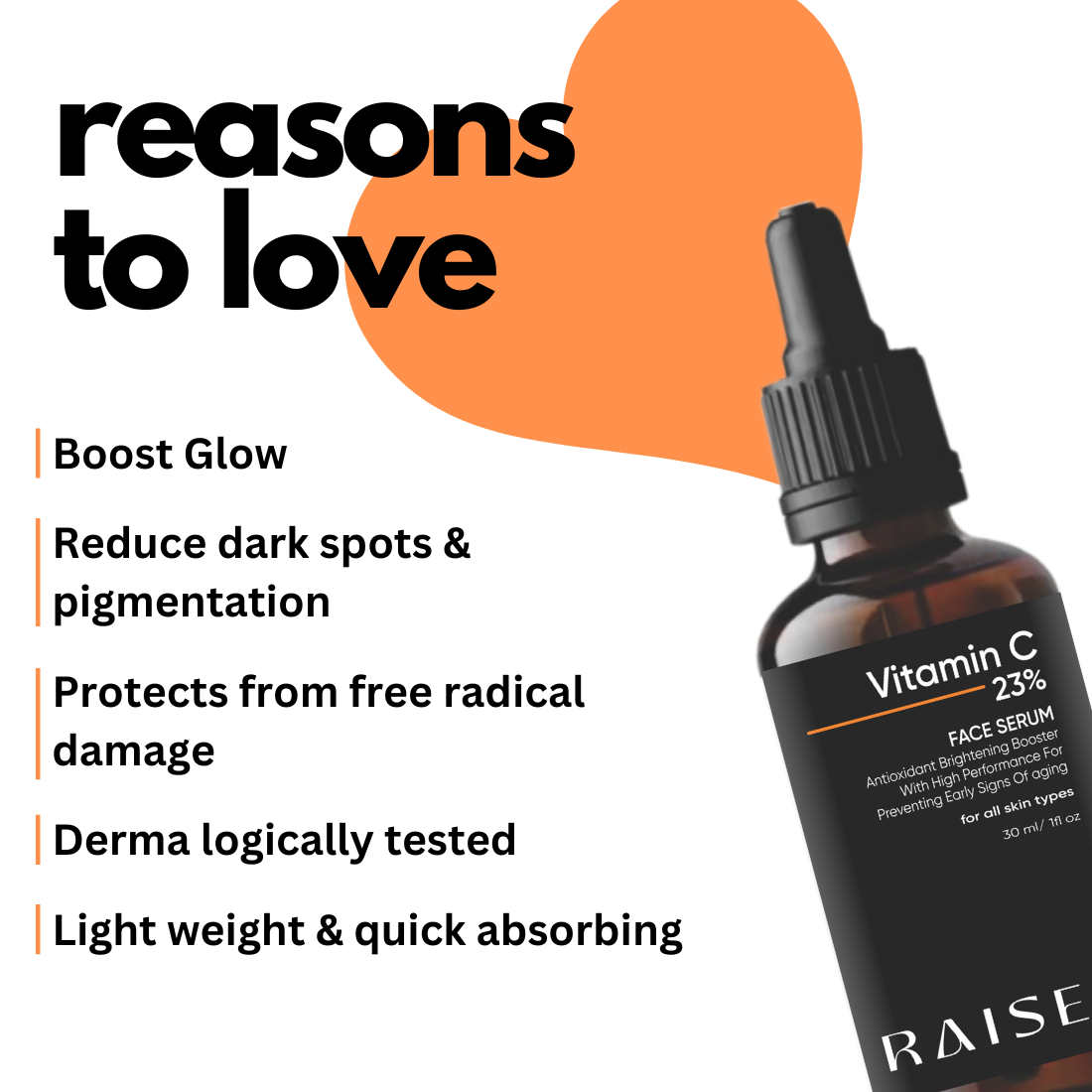 RAISEL Vitamin C 23% Face Serum For All Skin Type 30ml- Reduces Dark Spots & Pigmentation, Dermatologically Tested, Protect From Free Radical Damage, Lightweight & Quick-Absorbing