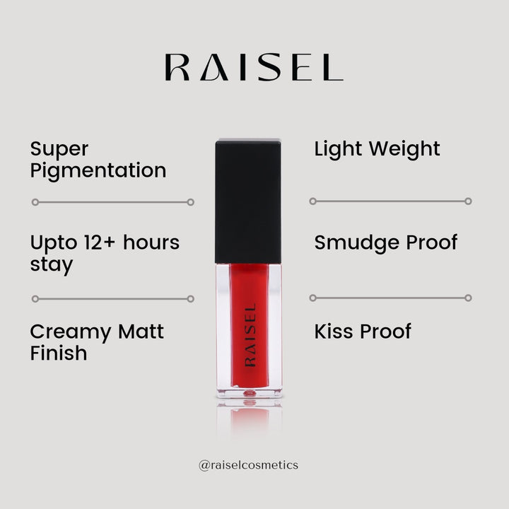 Raisel Liquid Matte Lipstick Waterproof Red Alert 11 Smudge Proof 12 Hours Stays Lip Color with Smooth Tip, Nourishing, Hydration, and Moisturising on Your Lips (4.5-ML) For Women and Girls